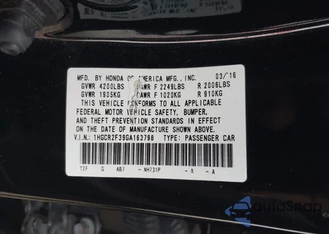 2016 Honda Accord Lx из США, поврежденный, VIN 1HGCR2F39GA163798